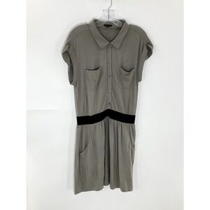 Theory Women's Shirt Dress Sz M Short Sleeve Pockets Elastic Waist Olive